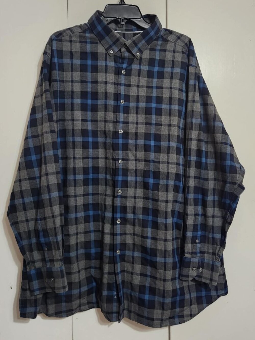 Hart Schaffner Marx Shirt Men 3XB Blue Grey Plaid Button Down Long Sleeve